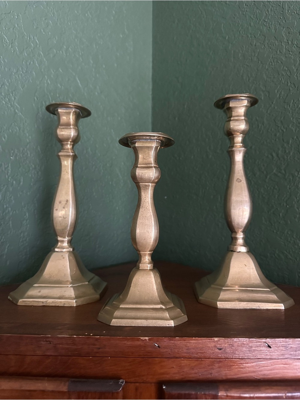 Antique Solid Brass Candlestick Trio